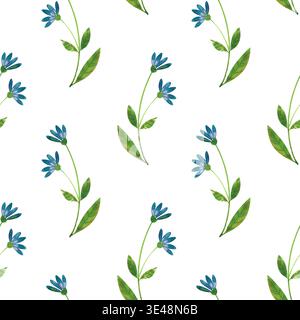 Nahtloses Aquarellmuster mit grünen Blättern und blauen Blumen. Handgezeichnetes botanisches Design für Einladungen oder Grußkarten. Stockfoto