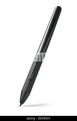 Schwarzer Grafiktablett-Eingabestift isolierter weißer Hintergrund, digitaler Zeichenstift mit Seitentasten und feiner Spitze, Seitenansicht matt Stockfoto