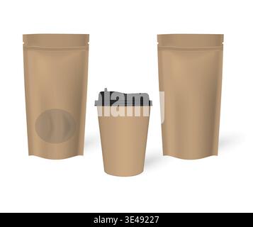 Kraftpapier-Einweg-Kaffeetasse mit Stehverschlussbeuteln, Modell. Leerer To-Go-Getränketasse und verschließbare Lebensmittelbeutel, Mockup. Vektorvorlage Stock Vektor