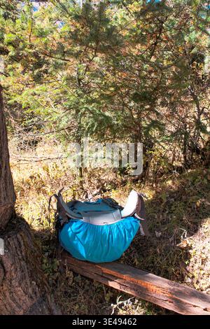 Upper Pisang, Nepal - 06. November 2024: Ein großer Trekkingrucksack liegt während einer Wanderpause im Wald entlang des Weges an einem Baumstamm an Stockfoto