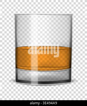 Klare Glasschale gefüllt mit Whiskey auf transparentem Hintergrund, Vektorillustration. Schuss Whisky Stock Vektor