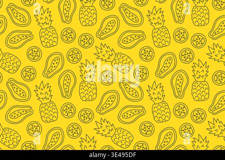 Nahtloses Sommermuster mit saftiger Ananas, Papaya und Passionsfrucht - Vektor-Illustration Stock Vektor