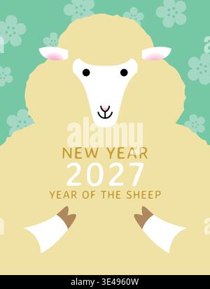 Vektorillustration für das Jahr des Schafes für die Vorlage für das neue Jahr 2027. Niedliches Porträt eines weißen Schafes auf einem Hintergrund mit Blumenmuster. Stock Vektor