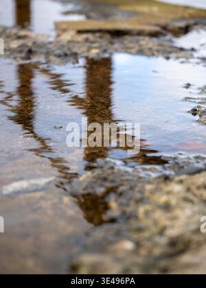 Reflexion von Holzpfosten in einer Pfütze auf einem Kiesweg. Stockfoto