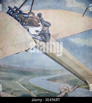 Erster Weltkrieg, Zerstörung einer Eisenbahnbrücke bei Paris durch einen deutschen Luftwaffenoffizier (Originalüberschrift von 1915, Originalmalung), Illustration, Nachbildung eines Originals aus dem 19. Jahrhundert. Authentisch, Datei für optimale Verwendung restauriert, exaktes Datum des Originals unbekannt, historisch. Stockfoto