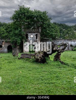 Blick auf eine ruinöse Steinbefestigung mit üppigen Bäumen und einem knorrigen gefallenen Stamm im Vordergrund unter einem bewölkten Himmel in Sao Tome und Princip Stockfoto