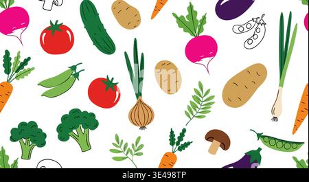 Eine lebendige Sammlung von frischem Gemüse schafft ein fröhliches nahtloses Vektormuster-Design, perfekt für gesunde Ernährung. Stock Vektor