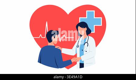 Herzliche medizinische Illustration der Arzt-Patienten-Kommunikation, Empathie und professionelles Healthcare Support Design. Stock Vektor