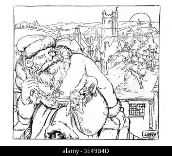 Vintage-Illustration des Weihnachtsmanns und seines Rentiers aus dem frühen 20. Jahrhundert auf den Dächern von Häusern, die am Heiligabend Geschenke von einem an liefern Stockfoto