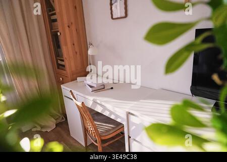 Heller und einladender Home Workspace mit modernem Schreibtisch, Stuhl und natürlichem Grün Stockfoto