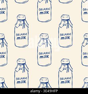Handgezeichnetes Muster von Glasmilchflaschen mit der Kennzeichnung Bio-Milch auf cremefarbenem Hintergrund. Design verwendet einfache blaue Tinte. Perfekt für umweltfreundliches Essen Stock Vektor