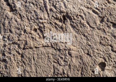 Raue, braune Steinoberfläche mit natürlicher Textur und Rissen bei direkter Sonneneinstrahlung Stockfoto