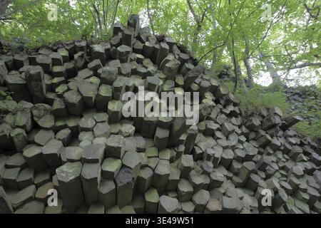 Basaltprismenmauer mit Säulenbasalt, graue quadratische Basaltsteine, Stöcke, Felsformationen, Steinmauer, Steinbruch, Naturfotografie, Gangolfsberg, UNESC Stockfoto