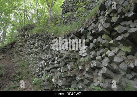 Basaltprismenmauer mit Säulenbasalt, graue quadratische Basaltsteine, Stäbe, Felsformationen, Steinmauer, Steinbruch, Naturfotografie, Schwarzweiß, Gangolfs Stockfoto