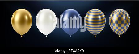 Blauer goldener Ballon. Luxuriöses, realistisches Ballonset. Stock Vektor