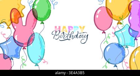 Happy Birthday Banner, Poster, Grußkarte Design Vorlage mit handgezeichneten Aquarellballons. Vektor Feiertag Jubiläum Party Dekoration Backgrou Stock Vektor
