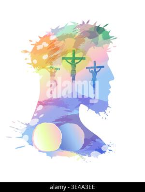 Er ist auferstanden, Grab und drei Kreuze auf dem Porträt Jesu Christi. Aquarelldesign von Christus für die Karwoche oder Ostereinladung mit Calvary Stock Vektor