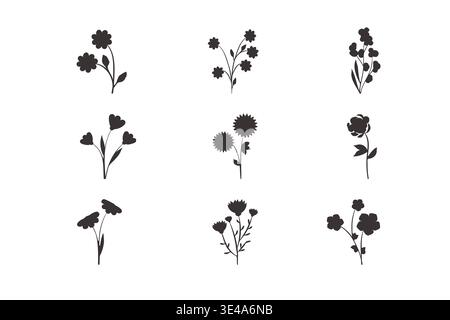 Neun unterschiedliche abstrakte Blumenformen in massivem Schwarz werden auf einem sauberen weißen Hintergrund präsentiert. Dieses vielseitige Set bietet einfache botanische Designelemente für jedes Projekt. Stock Vektor