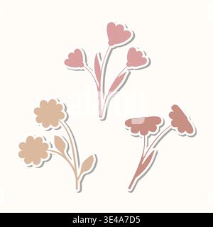 Drei bezaubernde Blumenaufkleber mit sanften Pastellrosa- und Brauntönen. Jede einzigartige Blumenform zeichnet sich durch eine zarte weiße Umrandung und einen subtilen Schatten aus, der auf einem hellen Hintergrund präsentiert wird. Stock Vektor