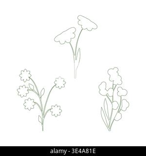 Ein zartes Line Art Blumentrio Set präsentiert drei einzigartige botanische Designs. Die eine zeigt zwei Blüten, die andere einen Zweig aus fünf Blüten und die dritte ist eine Gruppe winziger Blüten. Stock Vektor