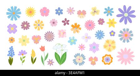 Blumen, Blätter gesetzt, Hand gezeichnet flache Stil Vektor Illustration, Symbol des Frühlings, gemütliches Haus, Frühling Osterfeiertage Feier Dekor, Clipart für Karten, Banner, Frühling Dekoration Stock Vektor
