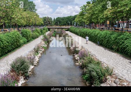 Ein friedlicher Park am Fluss Esgueva in Valladolid, Spanien, mit Steinpfaden, grüner Vegetation und einer Fußgängerbrücke. Stockfoto