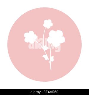 Eine einfache Grafik zeigt zarte weiße Schnittblumen. Drei Blüten und kleine Blätter keimen von den Stängeln, die auf einem hellrosa kreisförmigen Hintergrund stehen. Stock Vektor