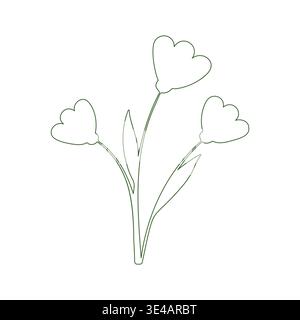 Eine einfache grüne Strichzeichnung zeigt drei stilisierte Blumen. Jede Blüte hat einen abgerundeten Kopf und einen schlanken Stiel, mit kleinen Blättern sichtbar. Stock Vektor