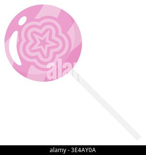 Niedlicher rosa runder Lutscher mit Blumen- und Sternmustern auf weißem Hintergrund. Flache Vektor-Illustration für Süßwarengeschäft, Süßigkeiten, Geburtstag und Party Desig Stock Vektor