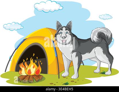 Vektor-Illustration eines sibirischen Huskys, der in der Nähe eines gelben Zeltes steht und draußen ein brennendes Lagerfeuer brennt Stock Vektor