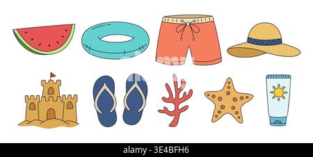 Sommerstrand mit flachem Design und Urlaubselementen im handgezeichneten Stil. Stock Vektor