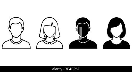 Set aus vier Avatarsymbolen für Männer und Frauen mit umrissenem und solidem Grafikdesign Stock Vektor
