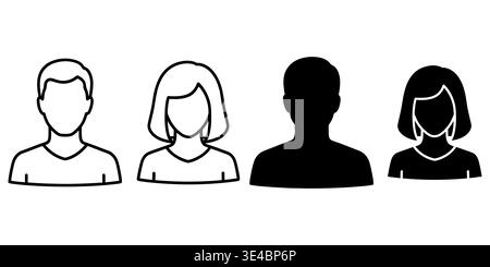 Set aus vier Avatarsymbolen für männliche und weibliche Profile in konturierten und durchgehenden Silhouettendesigns Stock Vektor