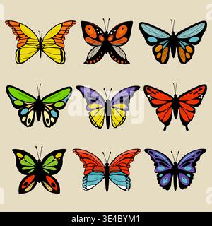 Bunte Schmetterlinge in der Natur. Sammlung von verschiedenen Formen und Farben von Schmetterlingsinsekten mit schönen Flügeln. Vektorabbildung Stock Vektor