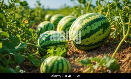 Grüne Wassermelonen auf dem Feld, Nahaufnahme des Fotos. Sommer Stockfoto