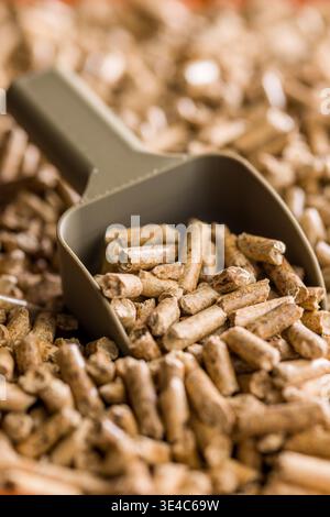 Nahaufnahme von Holzpellets in einer Schaufel mit Textur und Details von komprimierter Biomasse aus Sägemehl, die als nachhaltiger Heizstoff und erneuerbarer ener verwendet wird Stockfoto