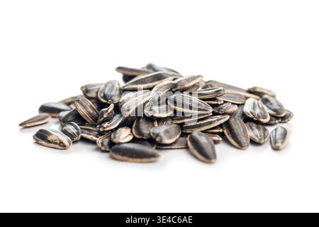 Nahaufnahme mit gerösteten Sonnenblumenkernen auf weißem Hintergrund, die gestreifte Muscheln, Textur und gesunde Snacks zum Kochen, Backen, gar hervorheben Stockfoto