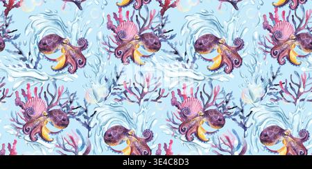 Aquarellmuster mit Oktopus, Korallen und Wellen auf hellblauem Hintergrund. Helle Unterwasser-Illustration mit Meeresleben und Blasen. Perfekt für Stockfoto