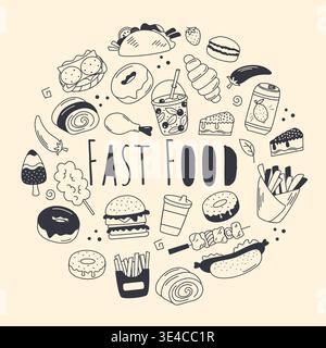 Runder Rahmen für Straßenessen im Doodle-Sketch-Stil. Handgezogene Tinte, Fast Food. Design für Speisen zum Mitnehmen, Getränke, Desserts und Snacks. Vektorgrafiken Stock Vektor