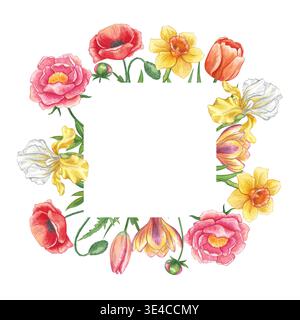 Ein quadratischer Rahmen aus Frühlingsblumen. Eine handgezeichnete Aquarellillustration mit Pfingstrosen, Mohnblumen, Narzissen, Tulpen und Iris in zarten Tönen Stockfoto