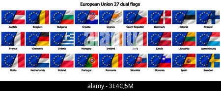 Die Sammlung von EU- und nationalen Flaggen wurde diagonal zusammengeführt, sodass alle 27 Mitgliedstaaten in einem einheitlichen visuellen Stil mit zwei Flaggen dargestellt werden. Stockfoto