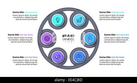 Infografik-Vorlage mit Symbolen und 6 Optionen oder Schritten. Straße. Kann für Workflow-Layout, Diagramm, Banner, webdesign verwendet werden. Vektorgrafik Stock Vektor