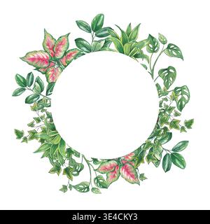 Ein runder Rahmen mit üppig grünen Innenpflanzen und Platz für Text. Eine handgezeichnete Aquarellillustration mit Monstera, Efeu, sansevieria und Stockfoto