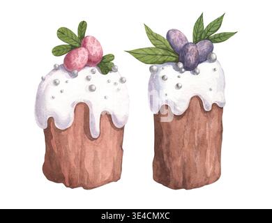 Eine Reihe von Aquarellillustrationen von Osterkuchen Stockfoto