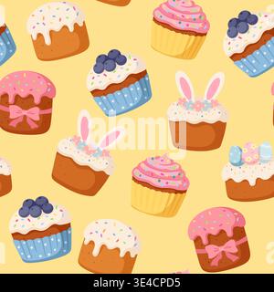 Osterkuchen und Cupcakes mit nahtlosem Muster für Hasenohren. Frühlingsferien werden mit sich wiederholendem Hintergrund auf hellgelbem Hintergrund verwöhnt Stock Vektor