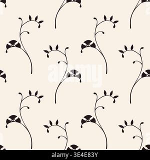 Minimalistisches handgezeichnetes nahtloses Blumenmuster, elegante schwarze Zweige mit Blättern und stilisierte Blumen auf cremefarbenem Hintergrund, für textiles Design, minimalis Stock Vektor