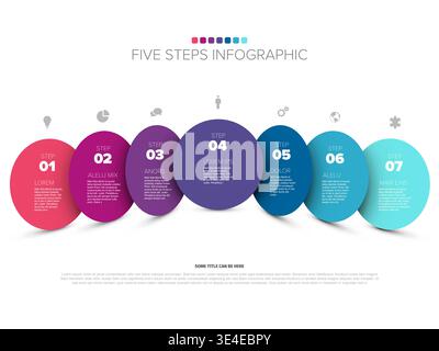 Diese Infografik-Vorlage enthält sieben bunte Kreisschritte für einen Geschäftsprozess. Verwenden Sie diese bereinigte Infografik-Vorlage, um Ihr Projekt zu visualisieren Stock Vektor