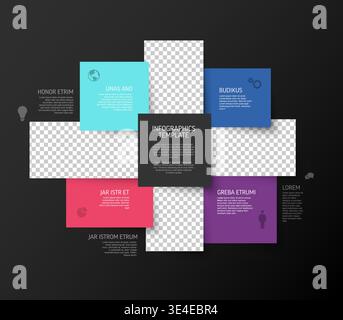 Diese professionelle Infografik-Vorlage enthält bunte Blöcke und Fotoplatzhalter im Kreuzdesign. Infografik-Vorlage für geschäftliche Präsentationen Stock Vektor