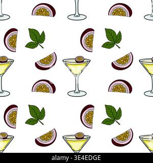 Nahtloses Vektormuster von Passionsfrucht-Cocktails und tropischen Fruchtscheiben mit Minzblättern Stock Vektor