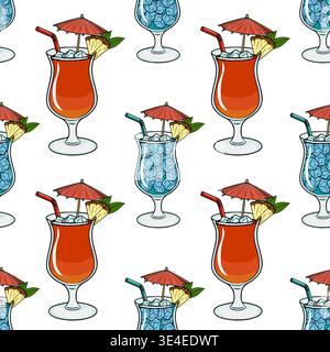 Nahtloses Vektormuster erfrischender Cocktails mit Eis, Ananasscheiben und Regenschirmen Stock Vektor